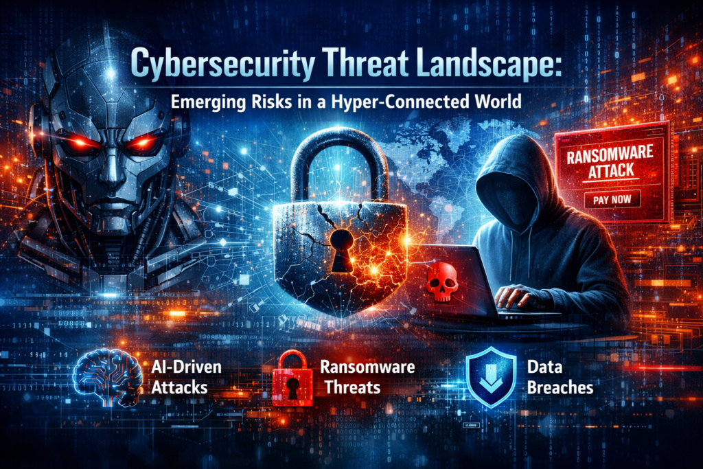 Explore the evolving cybersecurity threat landscape and discover emerging risks in today’s hyper-connected world, including AI-driven attacks, ransomware, and data breaches.